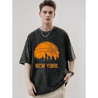 New York Basketball Print Übergroßes T-Shirt - Hochwertige Dicke Baumwolle Lockere Passform Kurzarm Rundhalsausschnitt Vintage
