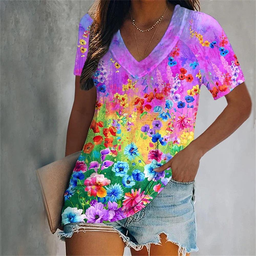 Fashion V-Neck Short Sleeve Colorful Tassels Print T-Shirts Summer Casual Elegant Women's Large Size T-Shirts