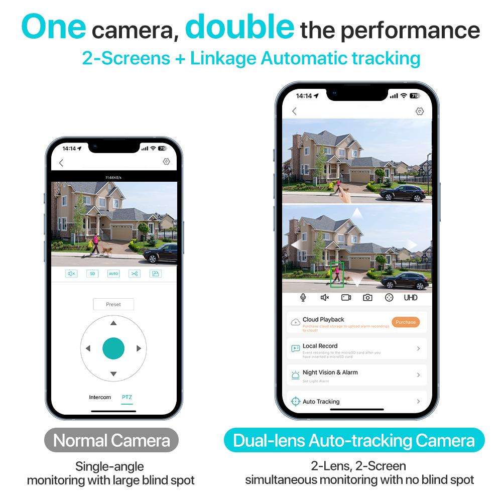 Outdoor-WLAN-PTZ-Kamera 4K 8MP HD Dual-Objektiv Dual-Screen-Kamera AI Auto Tracking 4MP Videoüberwachung Polizei Lichtalarm iCSee