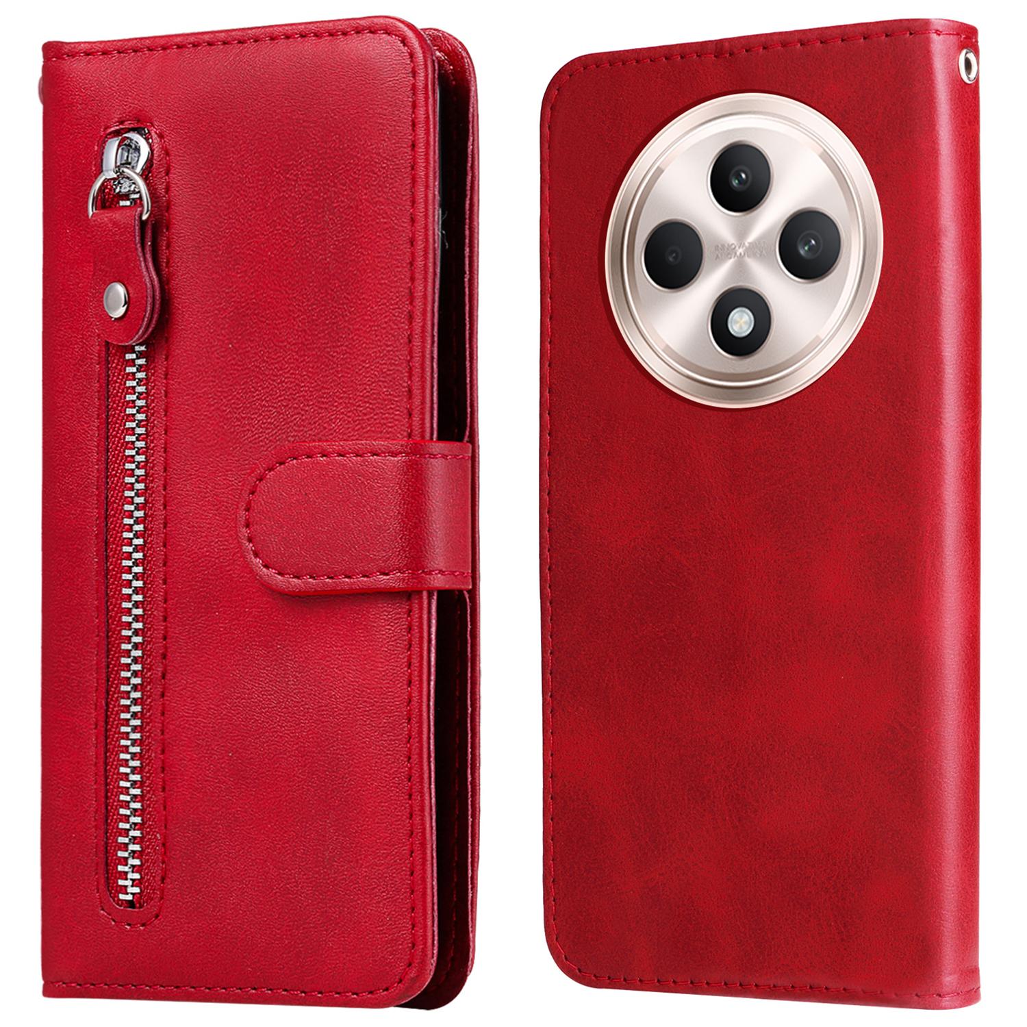 

For Oppo Reno12 F 5G Case PU Leather Zipper Wallet Protective Phone Cover Red