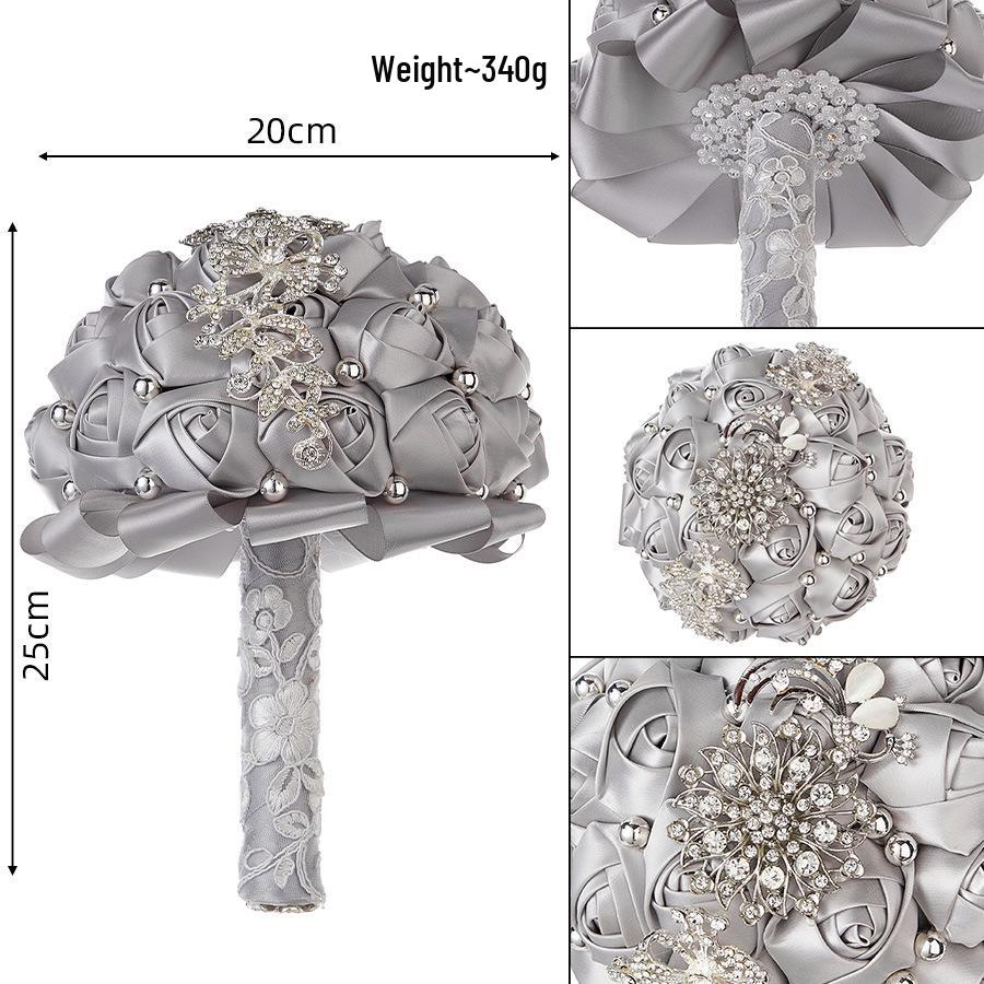 Luxury Rhinestone Rose Satin Bridal Bouquet серый