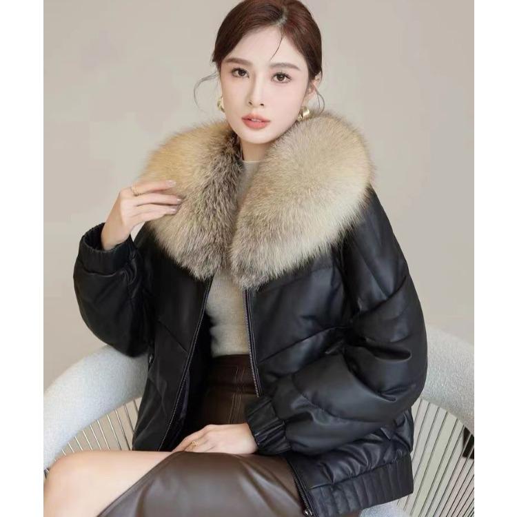 Winter Short Warm Windproof Leather Jacket with Fur Collar