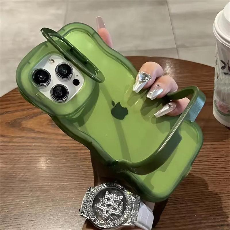 2IN1 Folding Stand Wave Clear Phone Case For iPhone 16 15 11 12 13 14 Pro Max X XR Fashion 3D Curly Shockproof Protective Cover