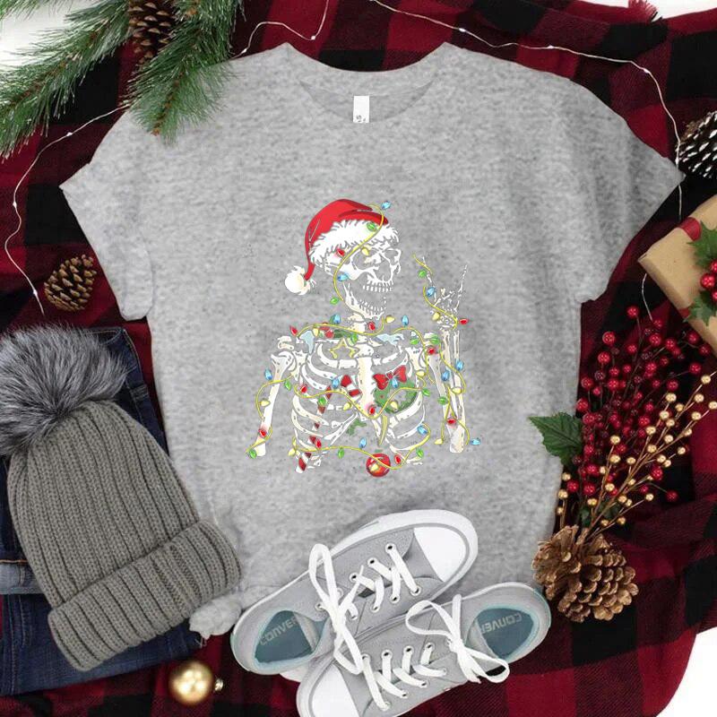 Christmas Santa Skull T Shirt Streetwear Unisexs Clothing Trendy Short Sleeve ONeck Tee Top Christmas Lights Skeleton Street Tees