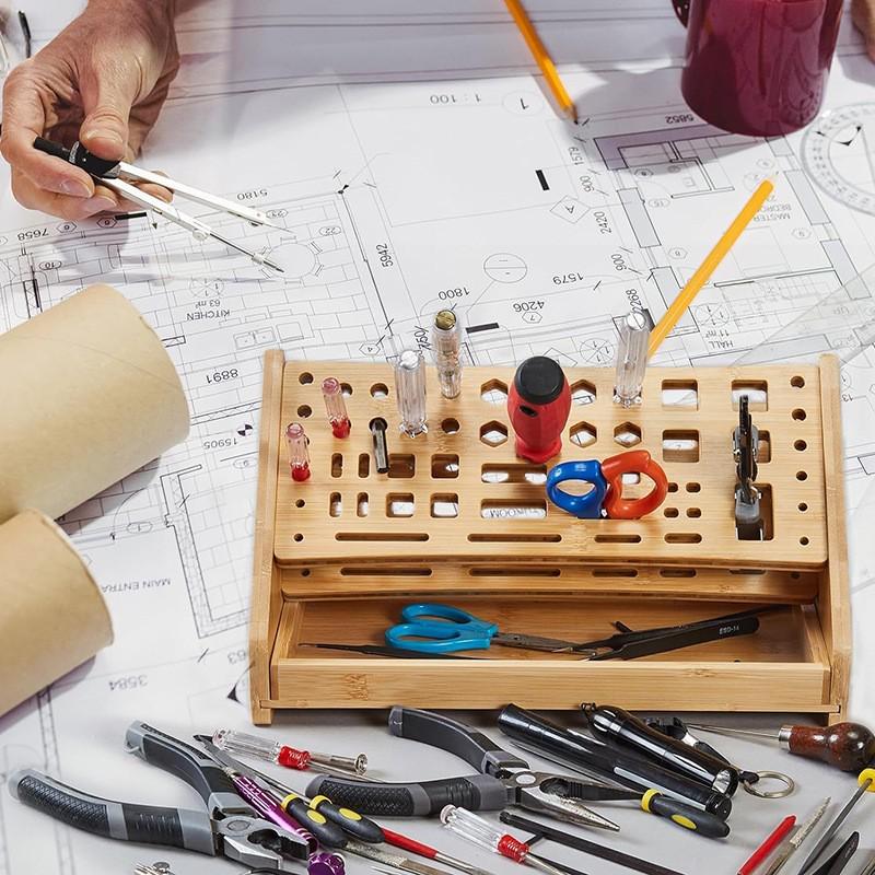 Wooden Tool Organizer with Screwdriver and Scissor Rack
