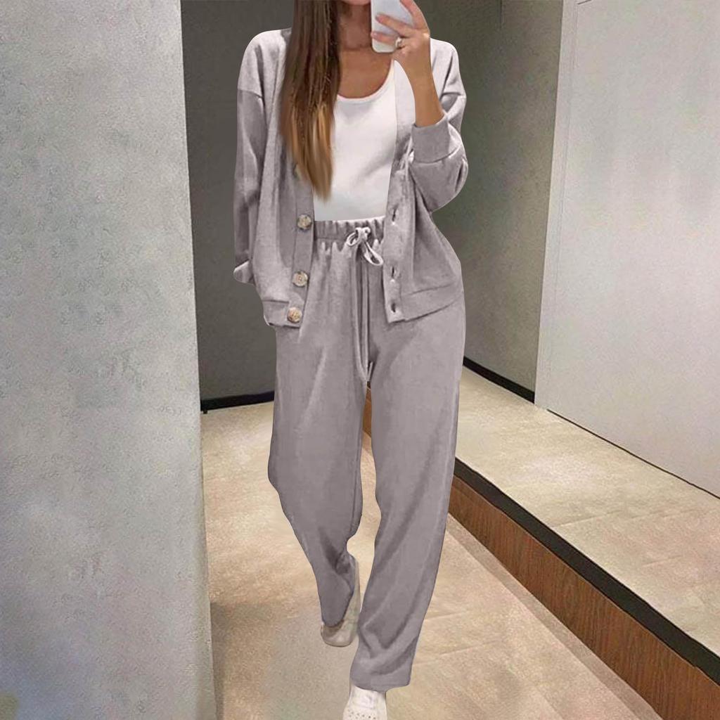 Damen Modischer Lässiger Langärmliger Einfarbiger Sweat-Cardigan Top und Hosen Set