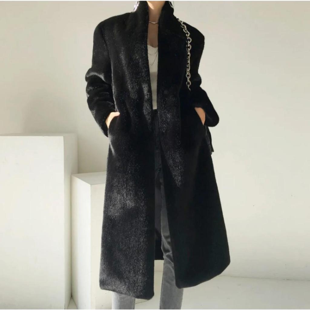 Winter Lang Schwarz Luxuriös Elegant Stilvoll Dick Warm Flauschig Zottelig Weich Faux Nerz Pelzmantel Damen Stehkragen Schärpen