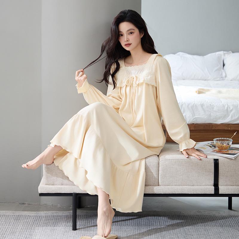 Nattlinne för gravida i koreansk stil för kvinnor, 100% ren bomull, antibakteriellt, långärmat - Lös passform för höst/vinter/vår