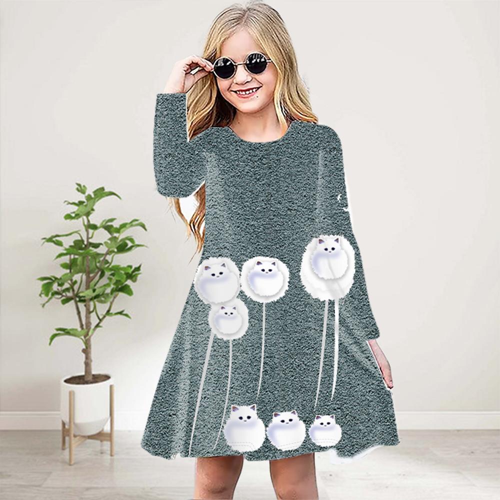 

Повседневное платье для девочки с 3D-принтом «Одуванчик, кот», круглым вырезом и длинными рукавами, детское платье принцессы 180 белый