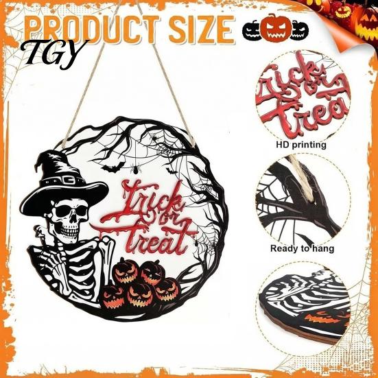 Fall Front Porch Signs Halloween Wooden Wreath Door Hanger Sign, Pumpkin Ghost Black Cat Witch Weatherproof Wall Decorations Bat Patterns, Hanging