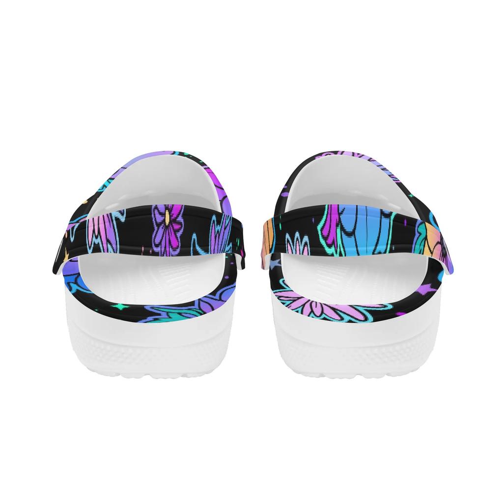 White EVA Clogs with Rainbow Skull Print, Lightweight Slip On Garden Shoes, Breathable Beach Sandals, Indoor Outdoor Slippers for Men Women