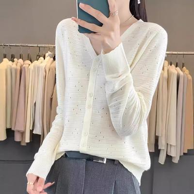 Women's Knitted Cardigan Thin Section Hollowed Out Blouse Spring and Fall Sweater Long-sleeved Jacket