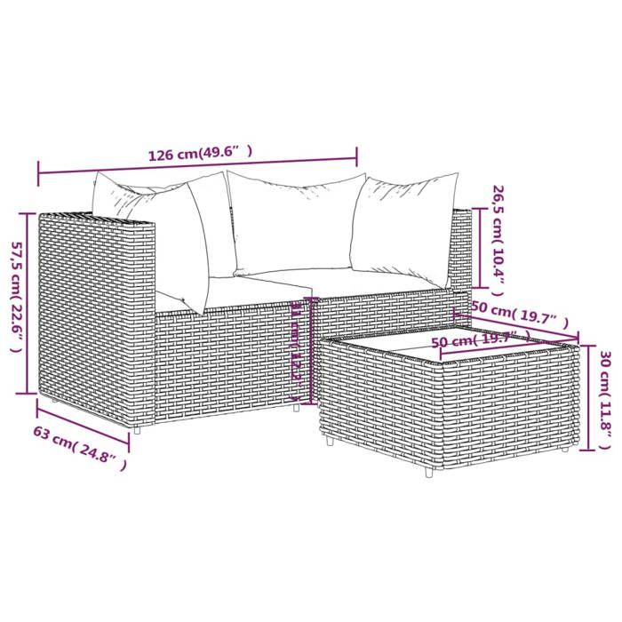 VidaXL Salon de jardin 3 pcs avec coussins Noir Résine tressée, ensemble de salon d'extérieur, ensemble de mobilier 319779