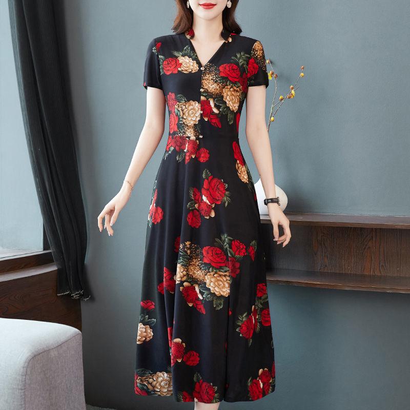 Elegant V-hals A-linje Slim Kjoler Stilig Vintage Blomstret Dameklær Casual Kortermet Sommer Trykt Knapp Midi Kjole