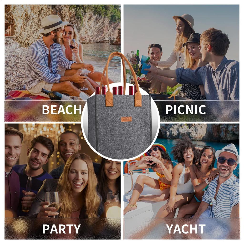 Flaschenhalter mit 6 Fächern Filz Weinflaschentragetasche Tragbare Filz Spirituosenflaschentragetasche mit Griffen für Hochzeit Reise Picknick