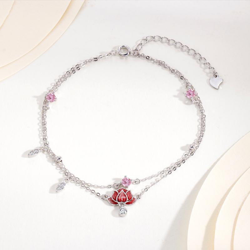 Trendy Double Layer Lotus Flower Anklet for Women 925 Silver белого золота