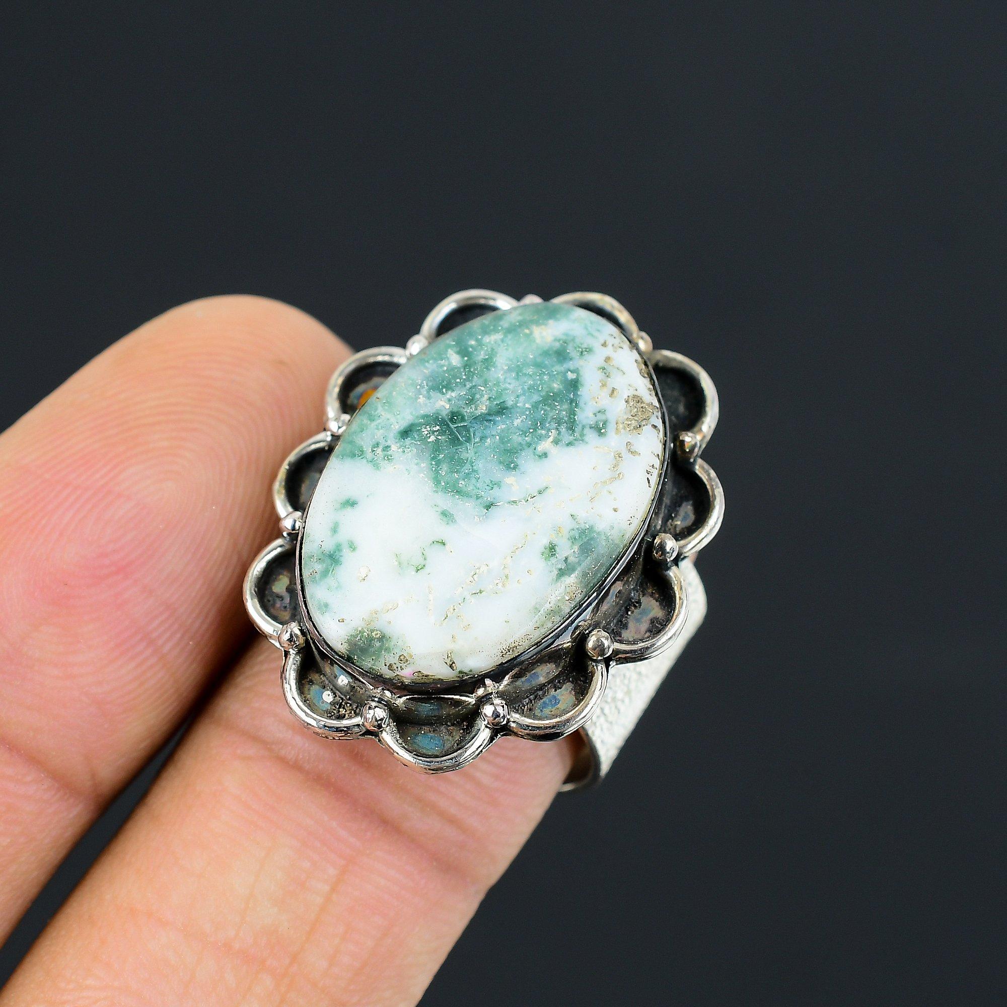 Womens day Sale Oval Tree Agate Stone Promise Ring 925 Sterling Silver US 8.5 8.5