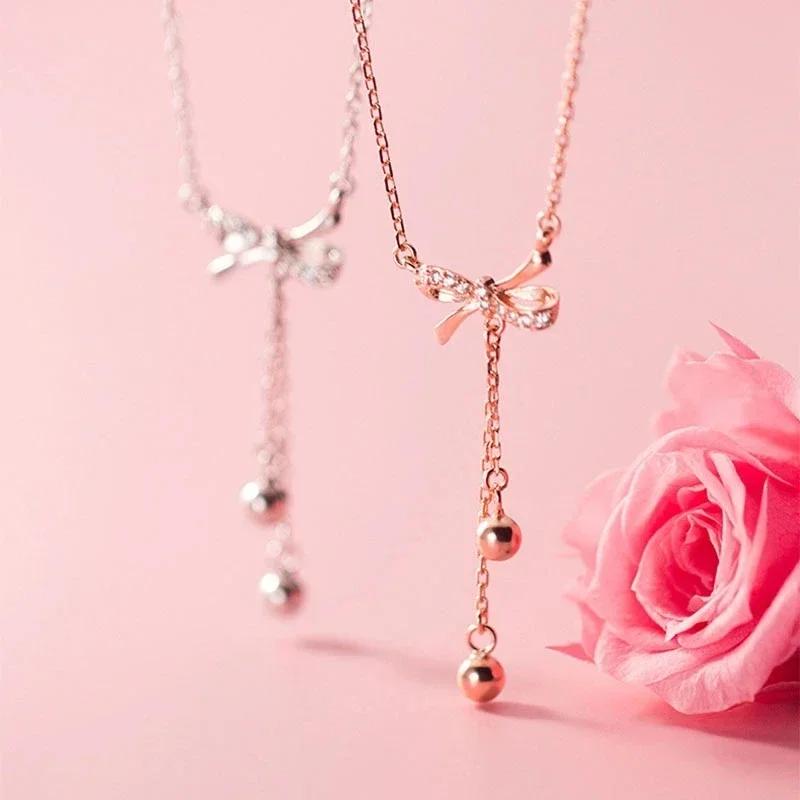 Women Summer Fashion Simple Bow Tassel Necklace Clavicle Chain Necklace Jewelry Accessories Valentines Day Birthday Gifts