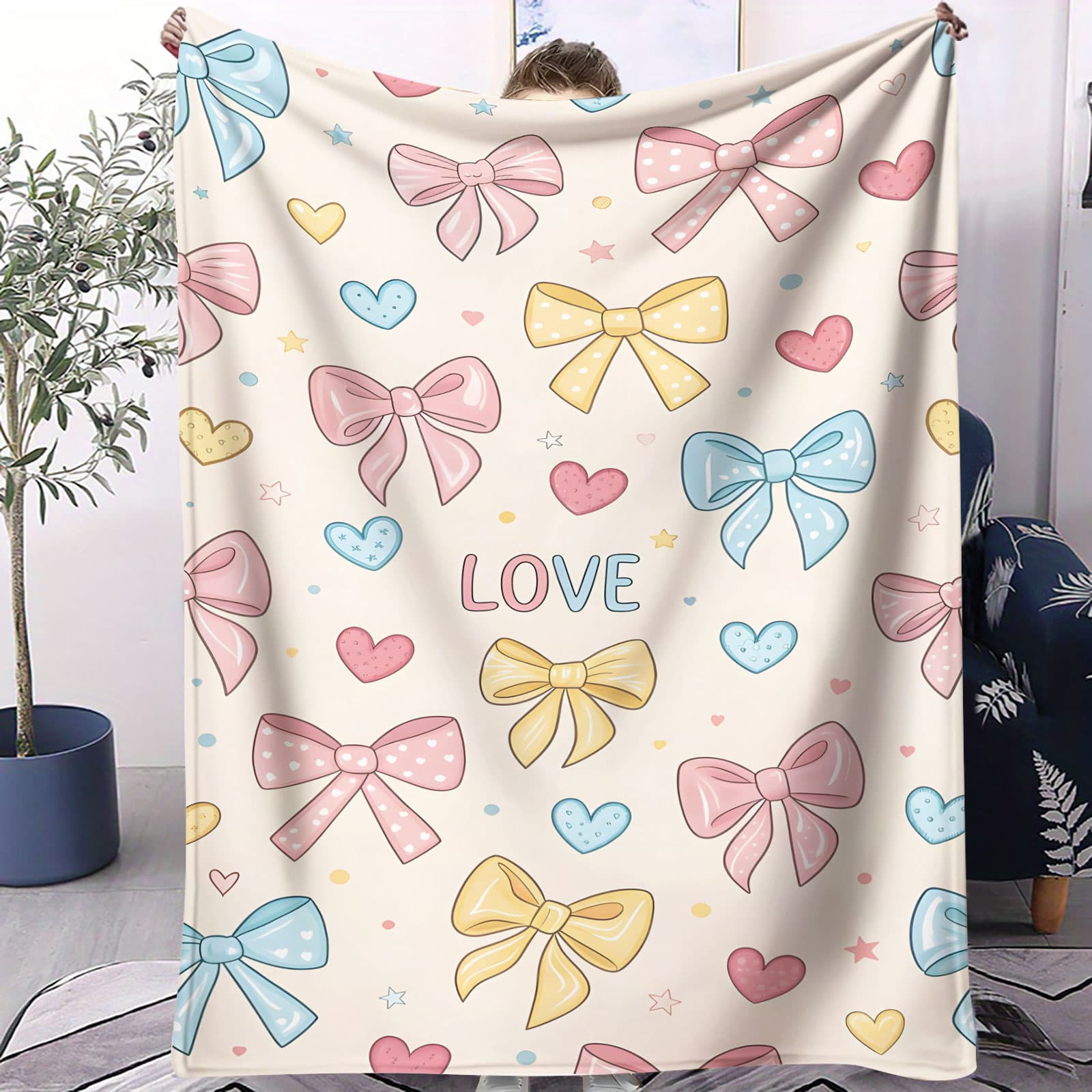 

Colorful Bowknot Heart Love Air Conditioning Blanket Cute Cartoon Pattern Nap Blanket for Sofa Bed Soft Gift for Girls Blanket 75x100cm