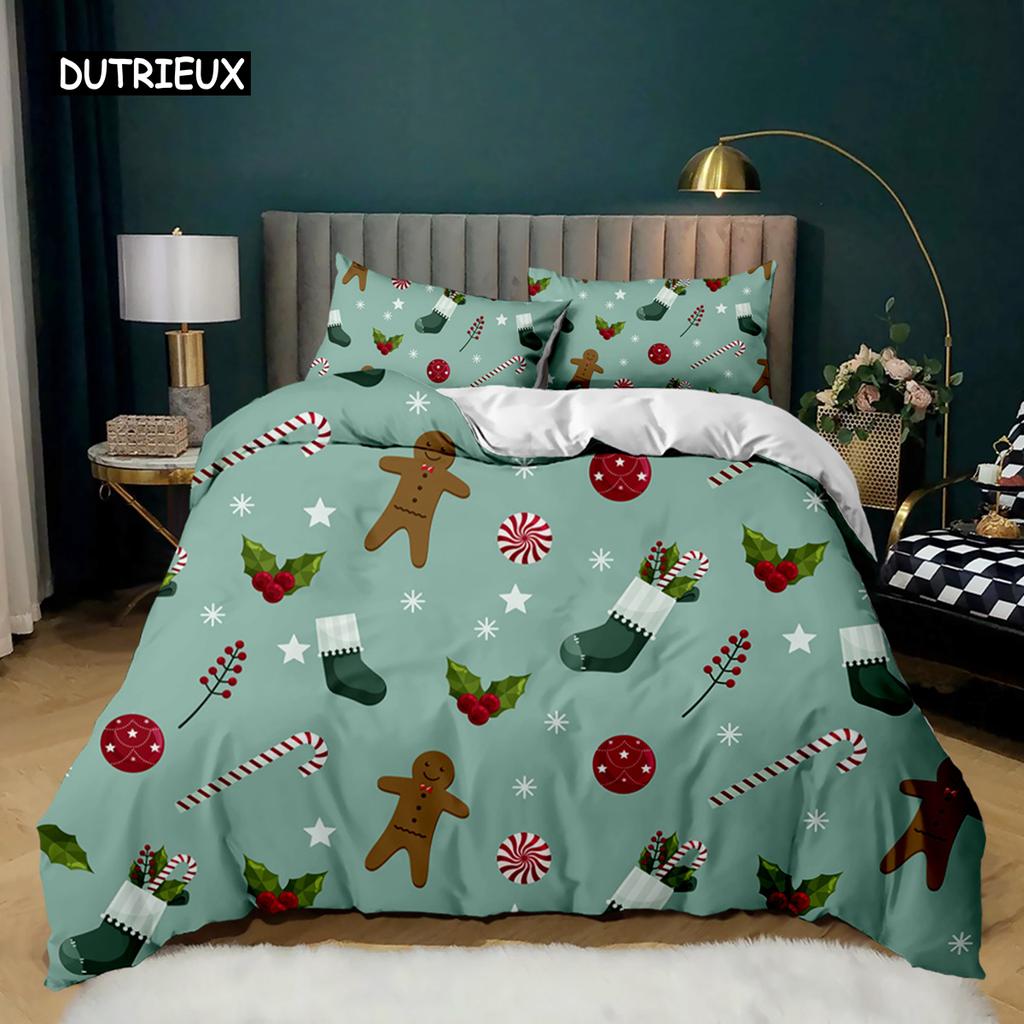 Christmas Duvet Cover Merry Christmas Tree Stockings Green Background Twin Bedding Set Double Queen King Polyester Qulit Cover