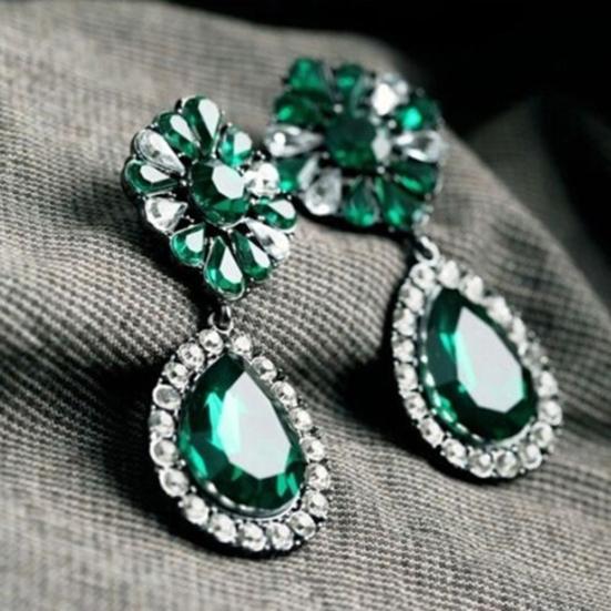 Vintage Lady Green Rhinestone Flower Teardrop Statement Dangle Stud Earrings