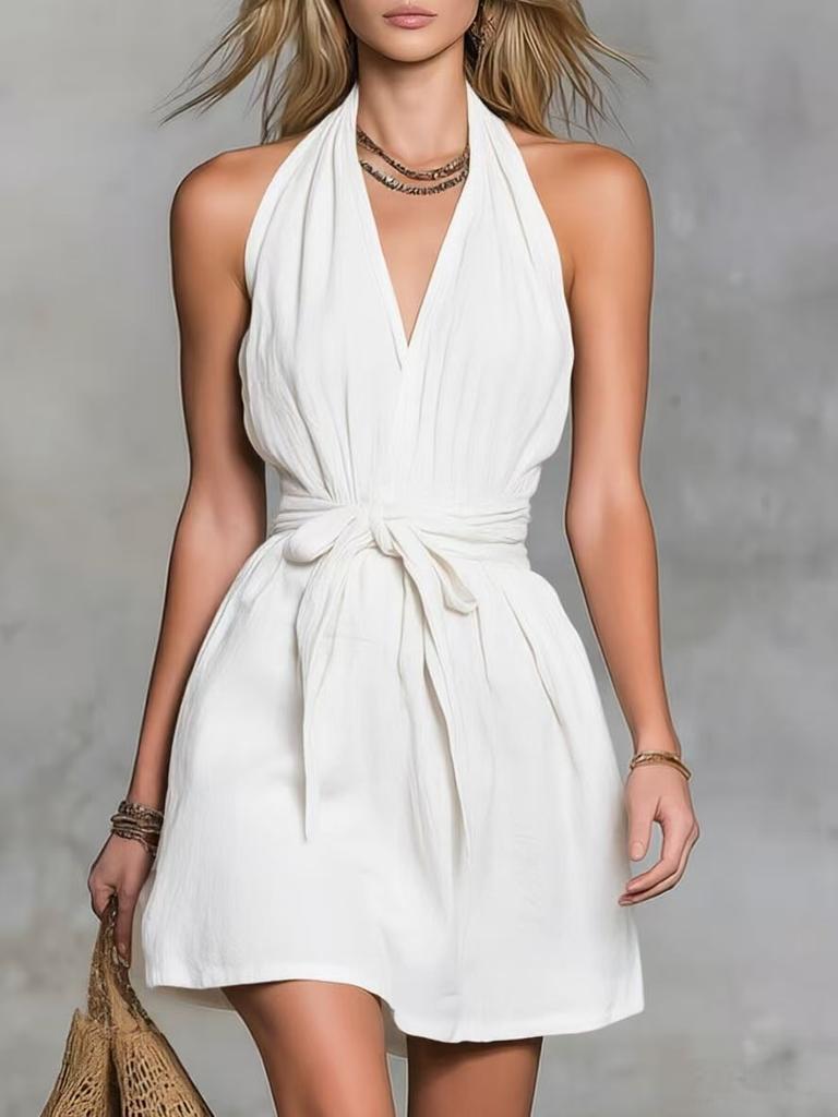 Women's Sleeveless V-Neck Belted Waist Solid Color Dress