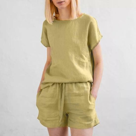 Dámská dvoudílná sada bavlna len letní sladěná souprava na doma ležérní top s kulatým výstřihem a krátký oblek se stahovací šňůrkou v pase pro domácí nošení