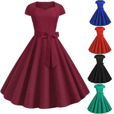 Women's Vintage Retro Rockabilly With Cap Sleeves Hepburn-Style Cocktail Dresse