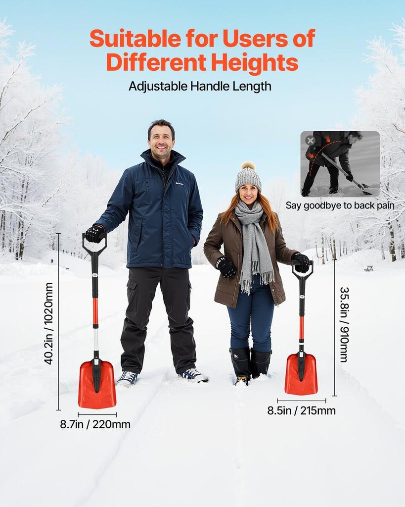 Snow Shovel for Driveway, 22cm Foldable Snow Shovel with D-shaped Handle, , 36-40 in Adjustable, Lightweight Aluminum Alloy Snows Removal Tool, Reduce
