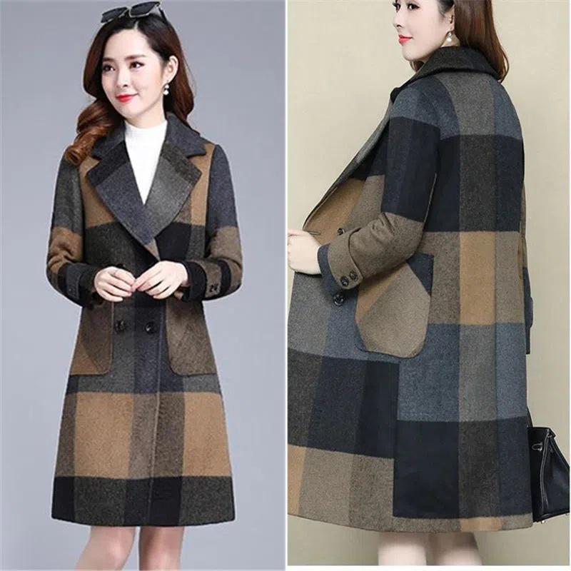 Plus Size 2025 Winter Woolen Coat - Thick Padded, Color Block, Korean Style, Versatile Over-the-Knee Mid-Length Outerwear for Women