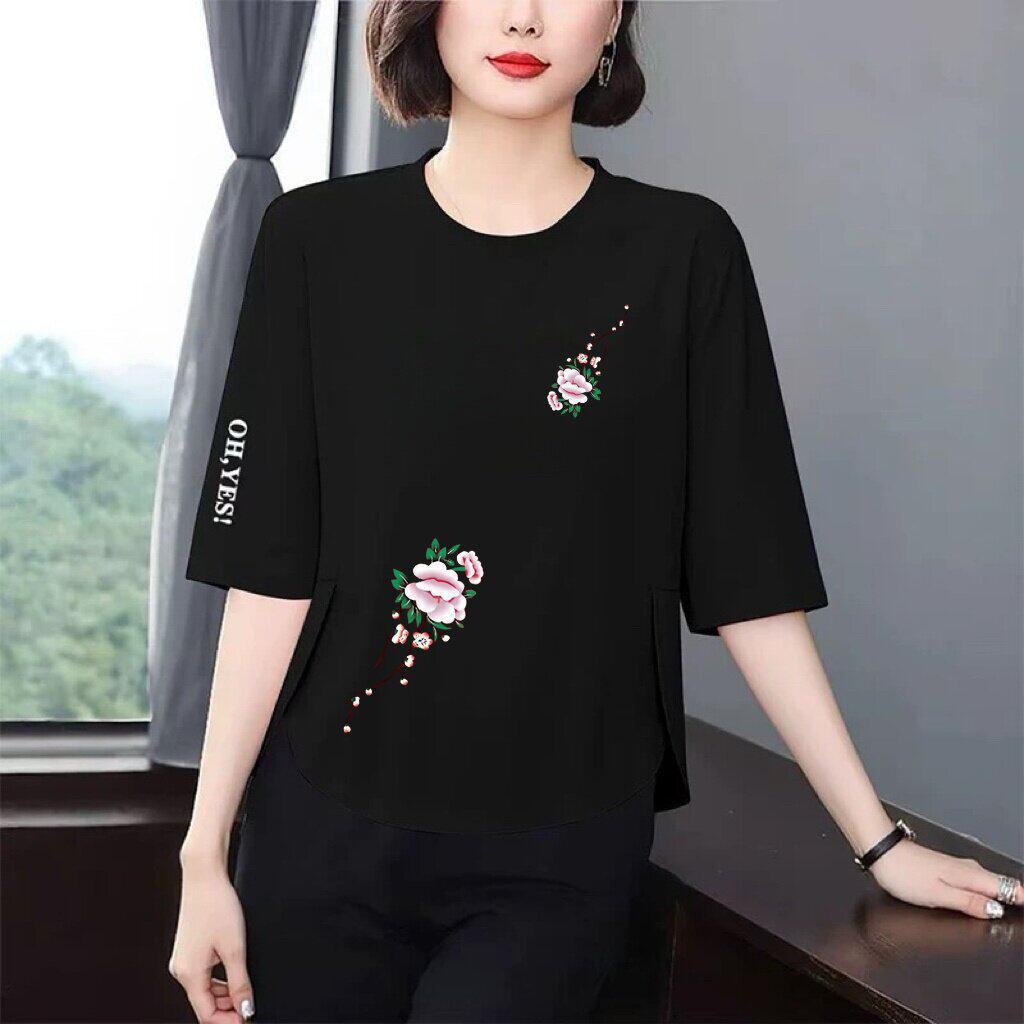 High-End Women's Printed 3/4 Sleeve T-Shirt - Loose, Flattering, Age-Defying Design for Middle-Aged and Elderly