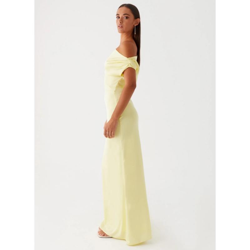 Damen Sommerkleid 2025 Neu Einfarbig Asymmetrisch Schulterfrei Rüschen Lang