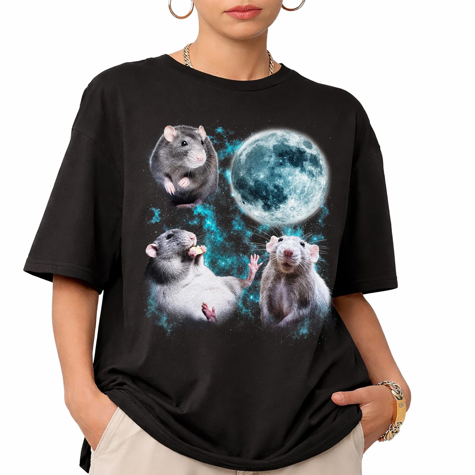 Comfort Colors Rat T-Shirt, Three Rats Moon Graphic Tee, Rat Lover Shirt, Funny Pet Rat Gift For Him, Rat Owner Gift, Animal Lover Tee L