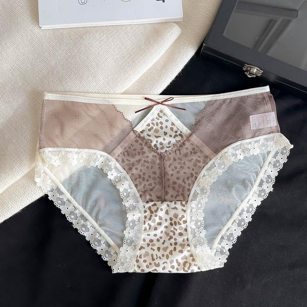 Ladies Summer Light Luxury Satin Pure Sexy Lace Leopard Hollow Mesh Gauze Briefs