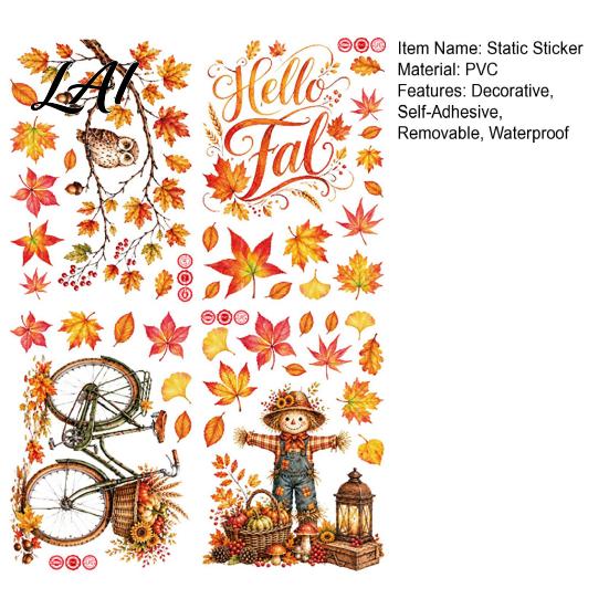 Thanksgiving Home Decor 6 Sheets Autumn Harvest Static Window Stickers Maple Leaves Scarecrows Bicycle Owl Transparent PVC Decals Decals Reusable