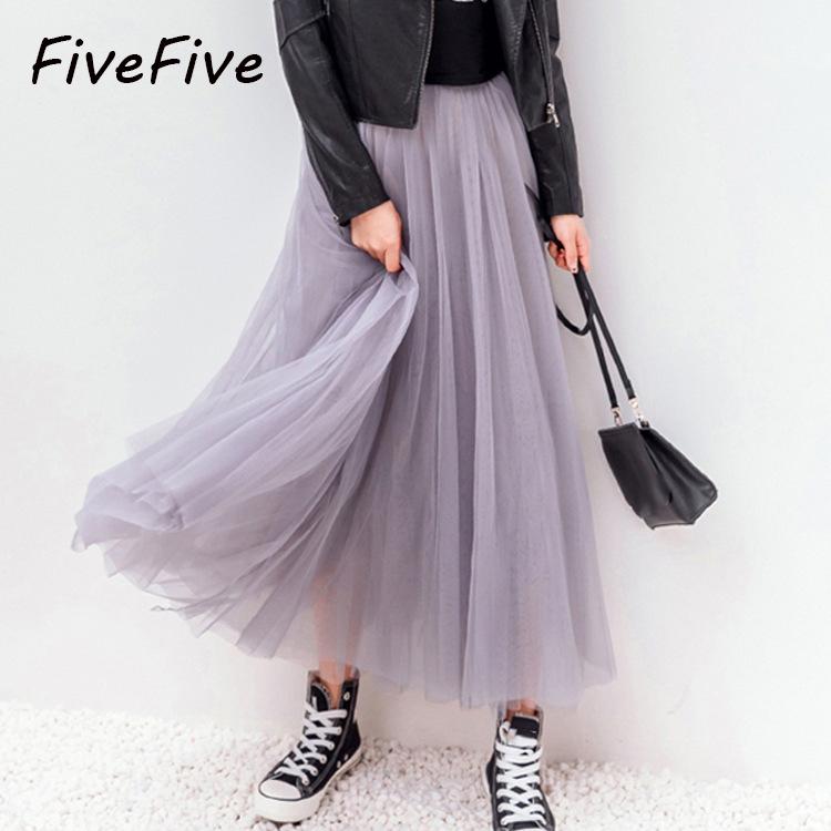 Gonna in Tulle Vintage Donna Vita Alta Elastica Gonne in Rete Lunga Pieghettata Gonna Tutù Femminile Jupe Longue