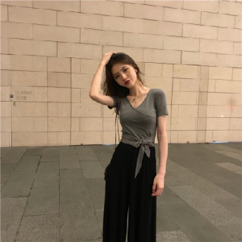 

Жіноча однотонна футболка з коротким рукавом, літо 2025, футболка з V-подібним вирізом та рукавом до ліктя, топ з дизайном банта та шнурівки 2XL сірий колір