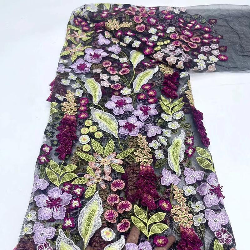 1 Yards 3D Floral Lace Embroidery Fabric Flower Embroidery Mesh Colorful Thread Fabric For Sewing Wedding Evening Dress