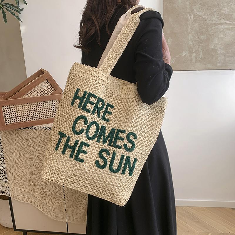 Mesh Tote Bag Women Summer Beach Handbag with Bold Lettering Casual Everyday Shopping Bag