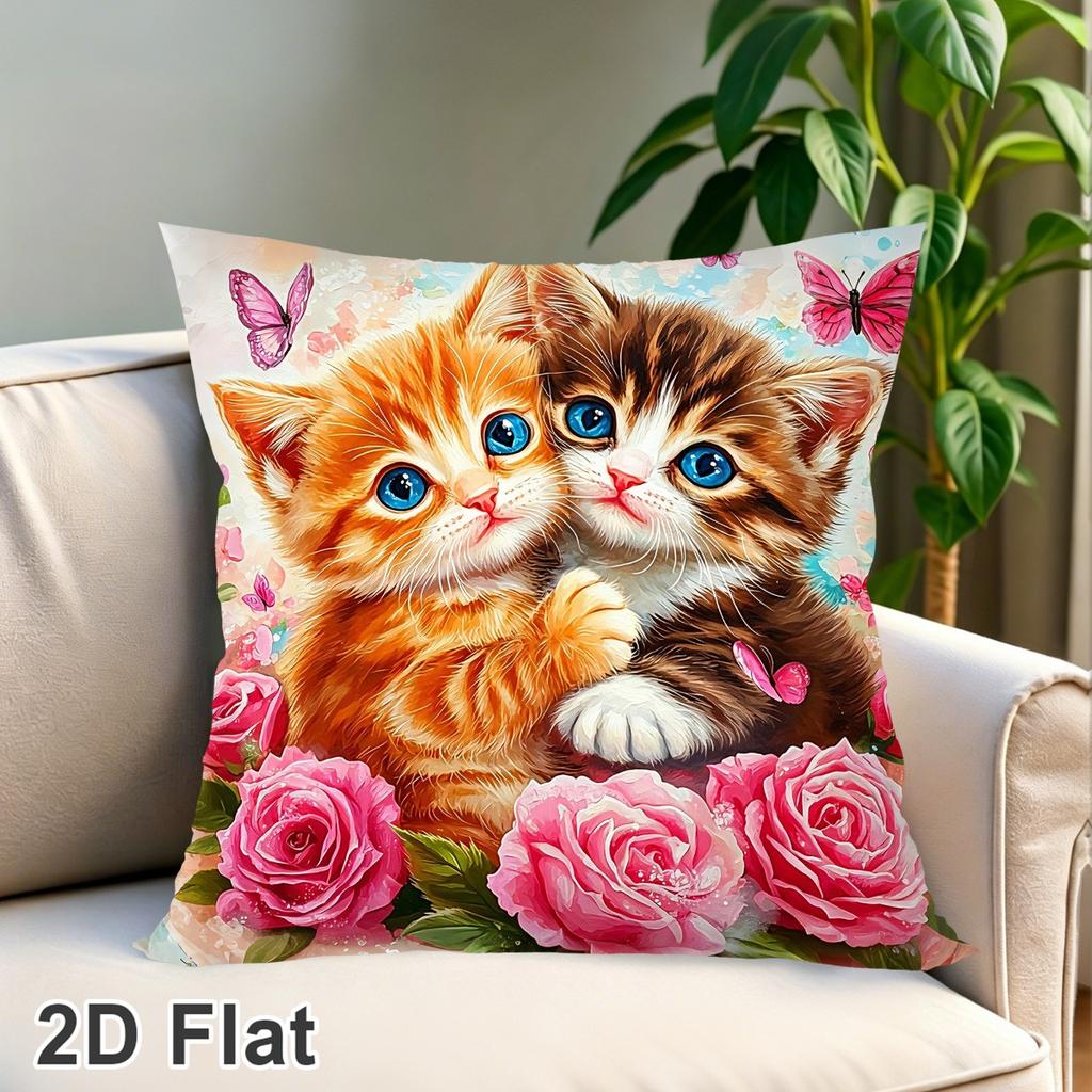 1pc Cat Throw Pillow Cover Cartoon Cat Flower Design Polyester Pillowcase, Cushion Cover for Home Couch Bed Living Room Sofa
