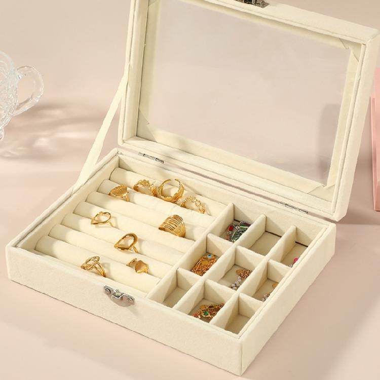 Compartment Jewelry Storage Box with Ring Rolls, Soft Lining and Hinged Lid for Dresser Top and Vanity Storage