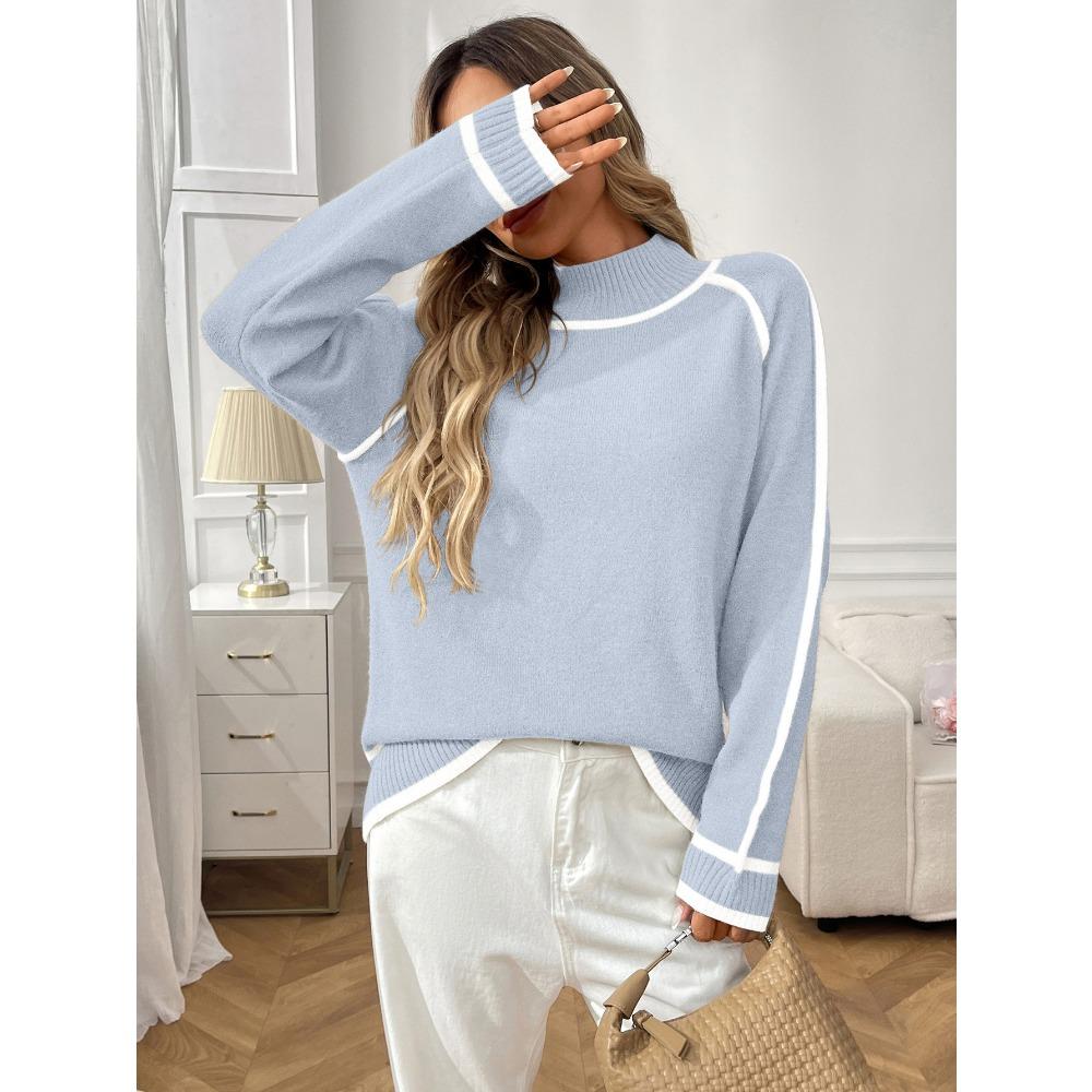 Autumn and Winter Semi High Neck Casual Loose Pullover Lazy Contrasting Women's Sweaters