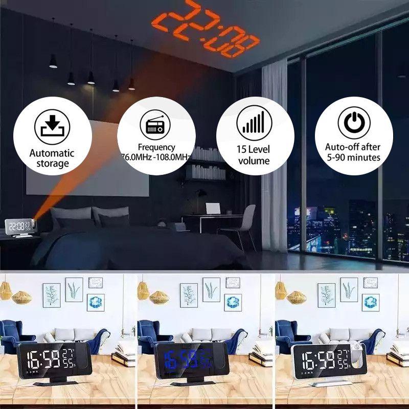 Digital Snooze Dual Alarm Clock With Projection Fm Radio 73 Mirror Led Display