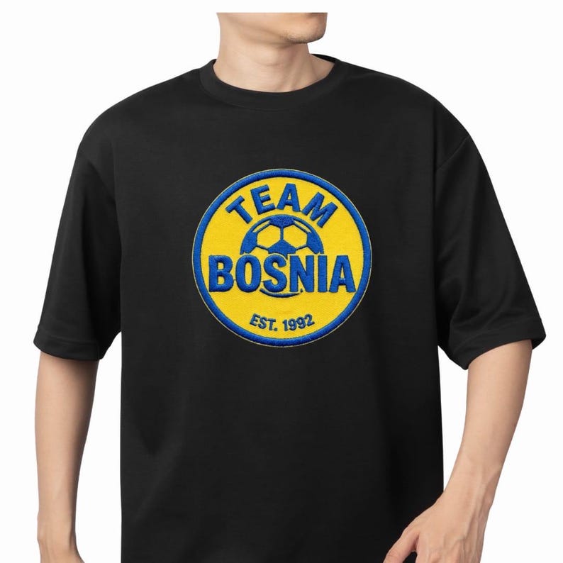 Team Bosnia Soccer Shirt, Bosnia Football Fan Tee, Faux Embroidered Patch Look Sticker Design, Bosnia Pride Gift 2XL