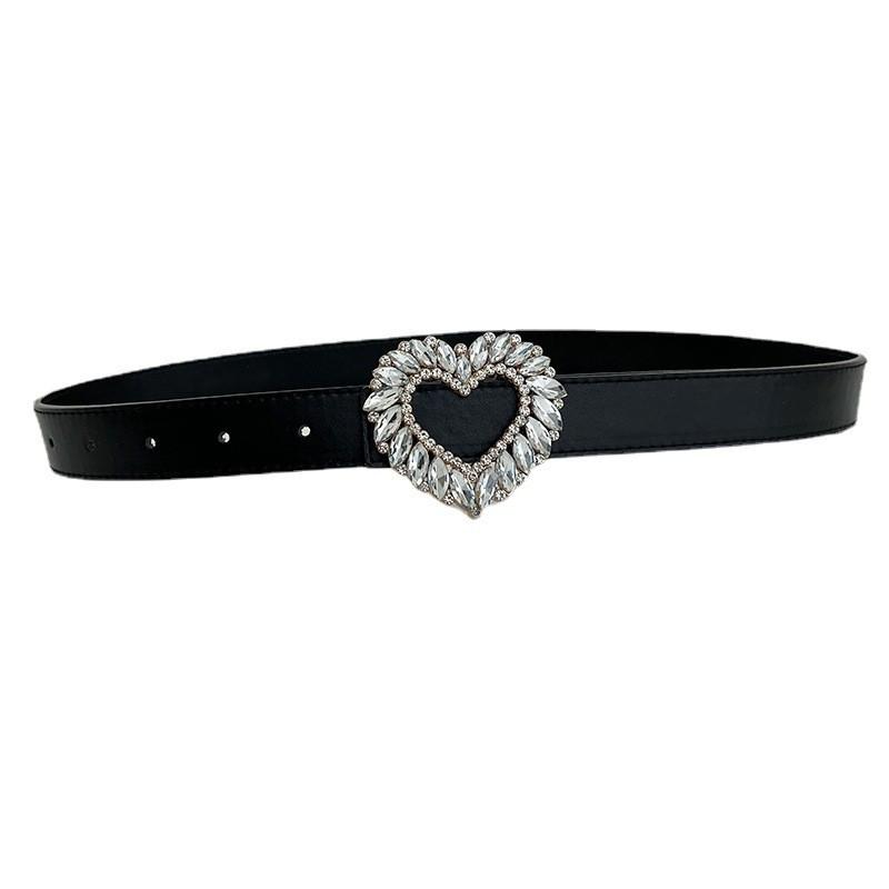 Elegant Women's Pu Leather Belt With Heart Shaped Buckle And Rhinestone Embellishments
