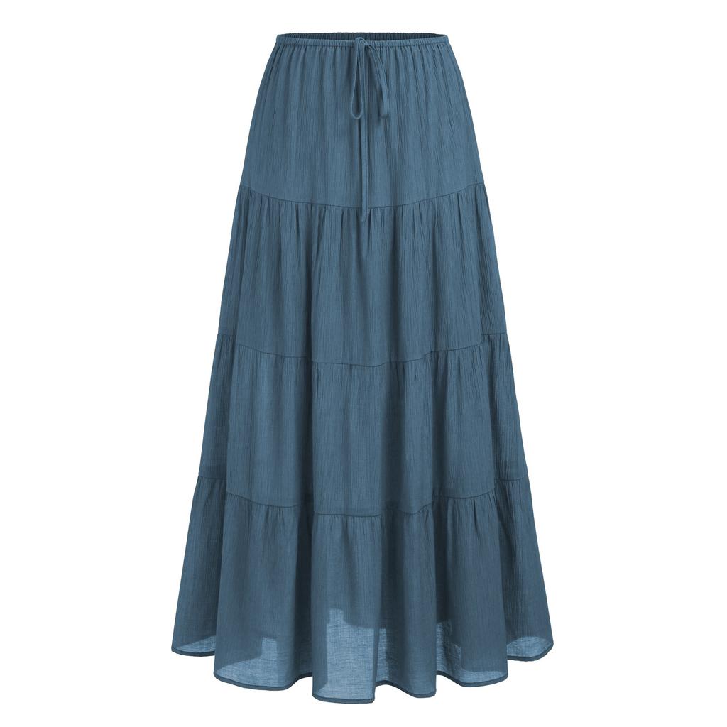 Women's Casual Maxi Skirts Summer Boho Solid Beach Elastic High Waist Pleated A-Line Flowy Swing Long Maxi Skirts Elastic Waist Long Skirt for Women