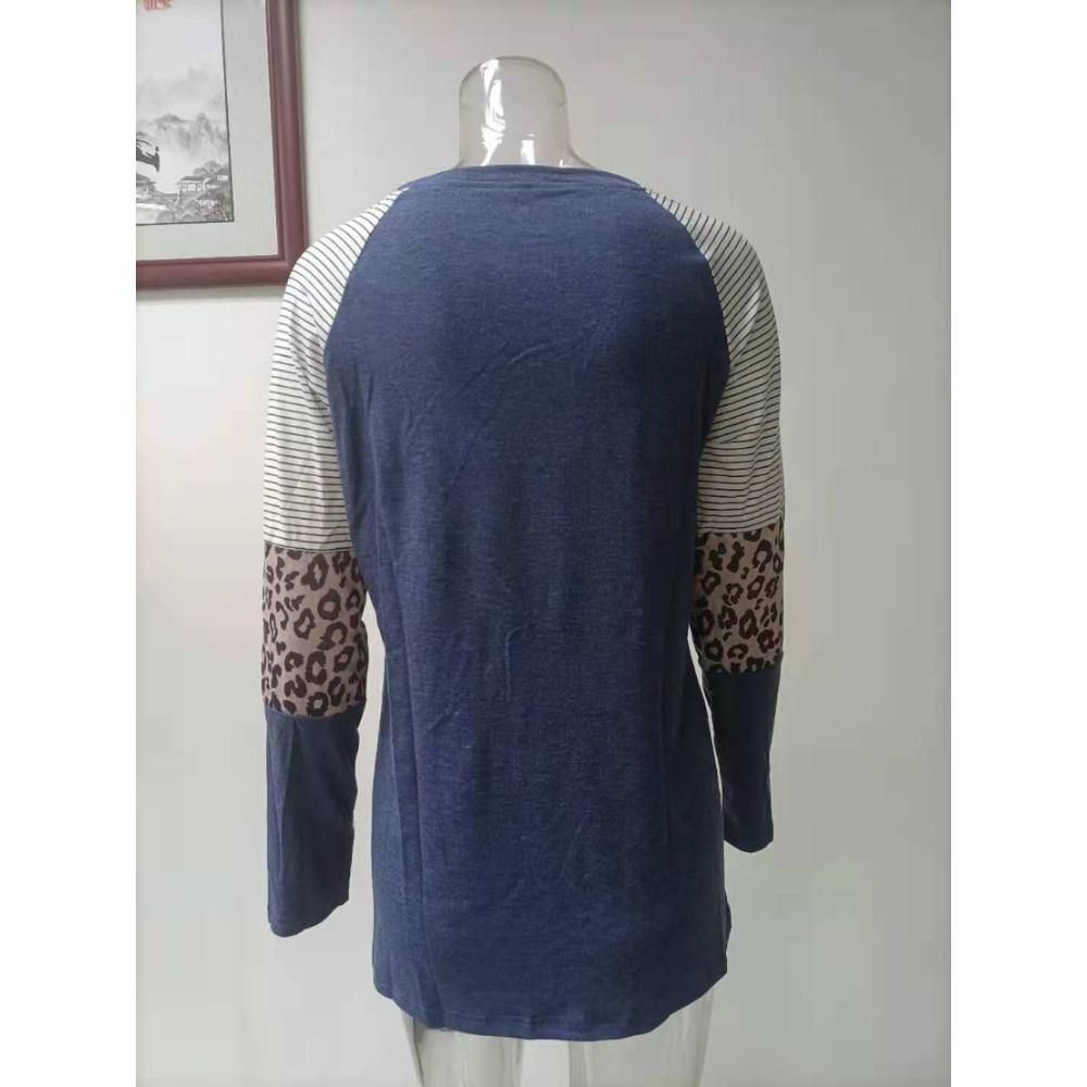 Spring and Autumn Women's Blouse Long Sleeve Splicing Casual Round Neck Loose Top