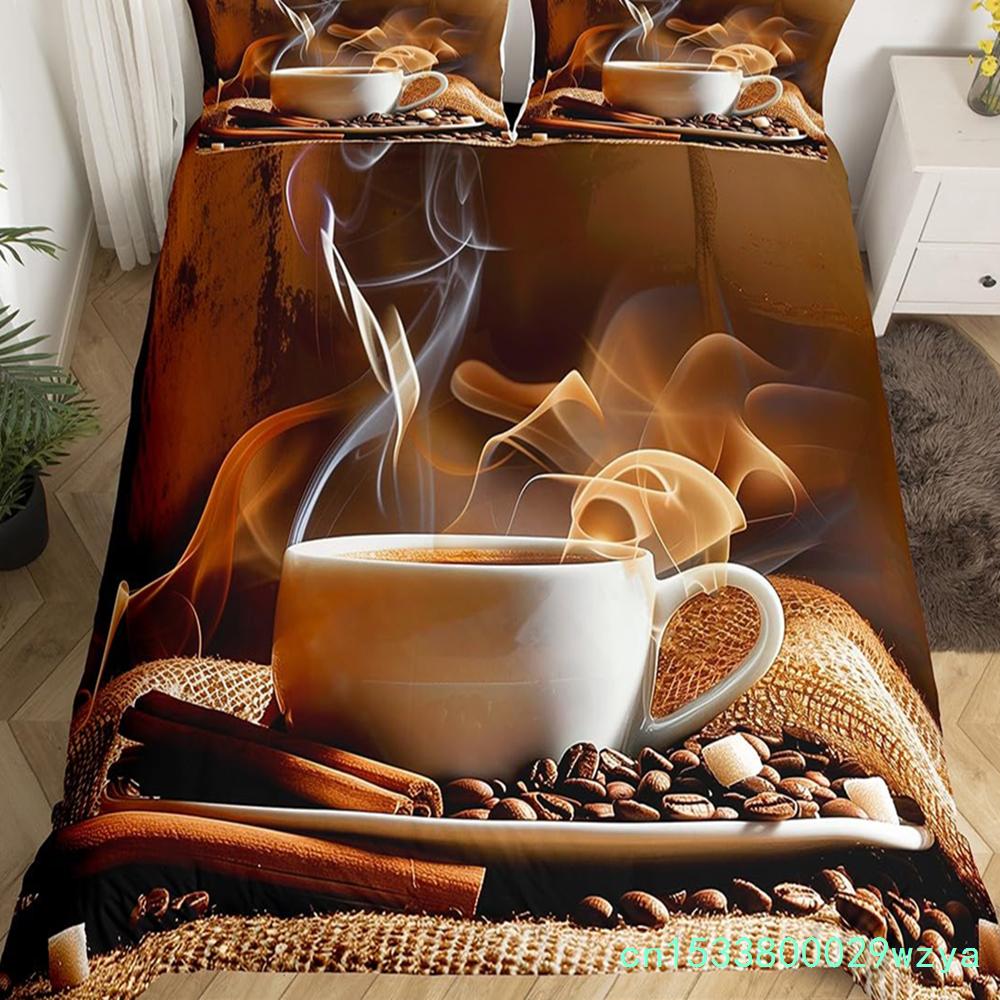 Coffee Duvet Cover Queen King Cartoon Coffee Drink Cup Print Bedding Set Coffee Lover Comforter Cover Modern Brown Quilt Cover