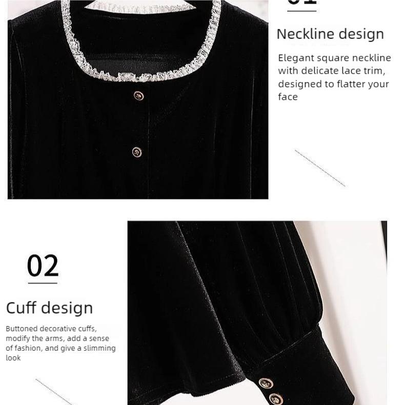 2PCS Skirt Suits Women Square Collar Velvet Blouse High-waist Skirt Two-piece Set Autumn