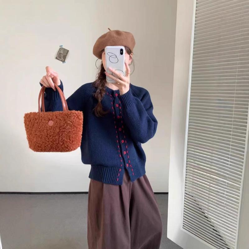 Contrasting Color Rope Design Sense Knitted Cardigan Spring New Round Neck Loose Single-breasted Sweater Jacket Women